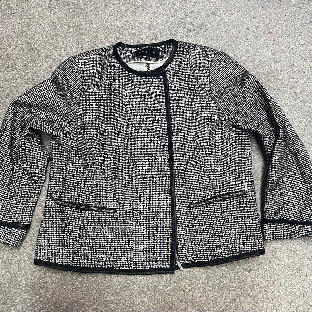 Lafayette 148 Blazer Size XL Black White Multi Caridee Weave Tweed Moto Jacket